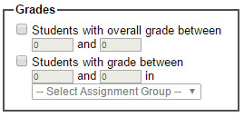 Grades can be filtered by students with overall grade between X and X and students with grade between X and X in a particular assignment.