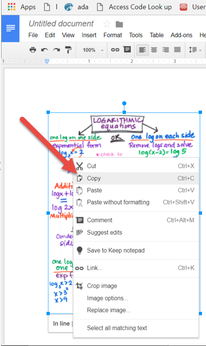 An arrow points at the Copy option from a drop-down menu for an image pasted in a Google Doc.