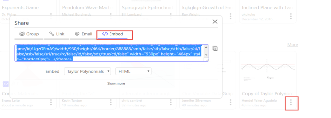 In the website Geogebra, a Share box with options to group, link, email, and embed the graph is shown. The Embed option is highlighted above the HTML code.